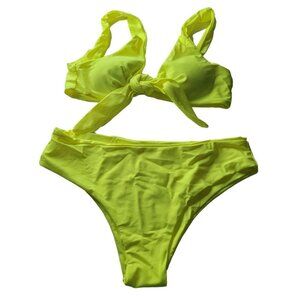 Bright Yellow Two Piece Swimsuit Bikini Tie Front‎ Neon Womens Medium Padded